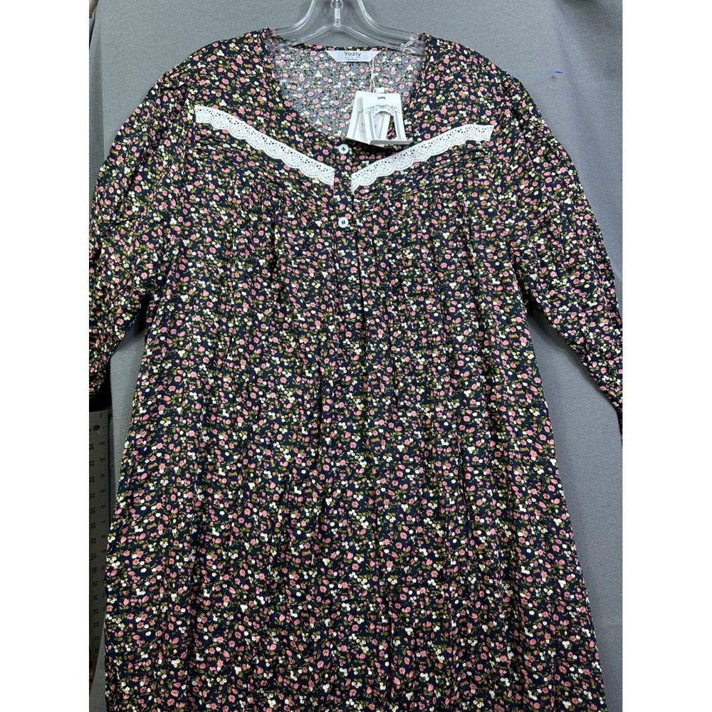 Yozly Women Floral Nightgown Long Sleeve Lace Trim Cotton Blend Sleep Dress
